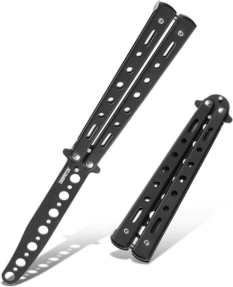 Dispatch Blackened 3Cr13 Stainless Steel Butterfly Knife Trainer with Circular Cutouts | Unsharpened Balisong for EDC Flipping, Martial Arts, Survival Training, Collector’s Display - Image 1